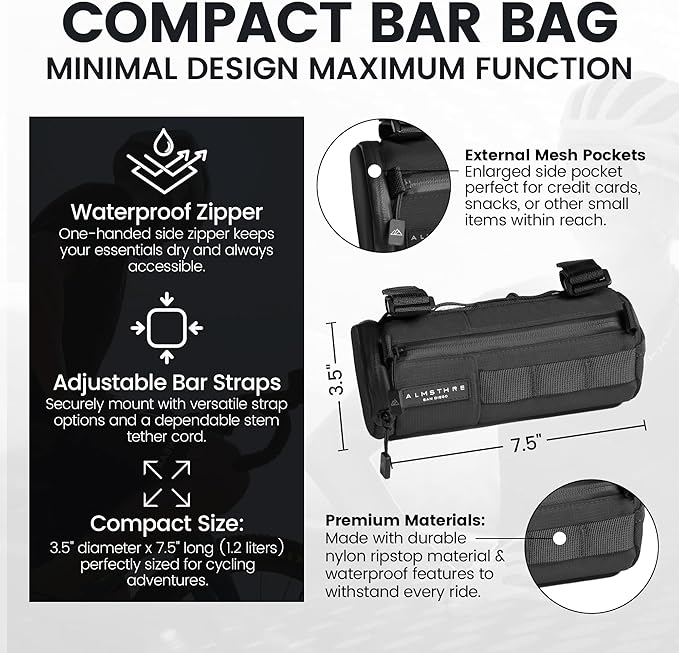 ALMSTHRE Compact Bar Bag – Midnight Black | Hard-Shell Bike Handlebar Bag with Waterproof Zipper & Adjustable Straps | Lightweight Bicycle Handlebar Bag, Compatible with Road, Gravel & MTB Bikes