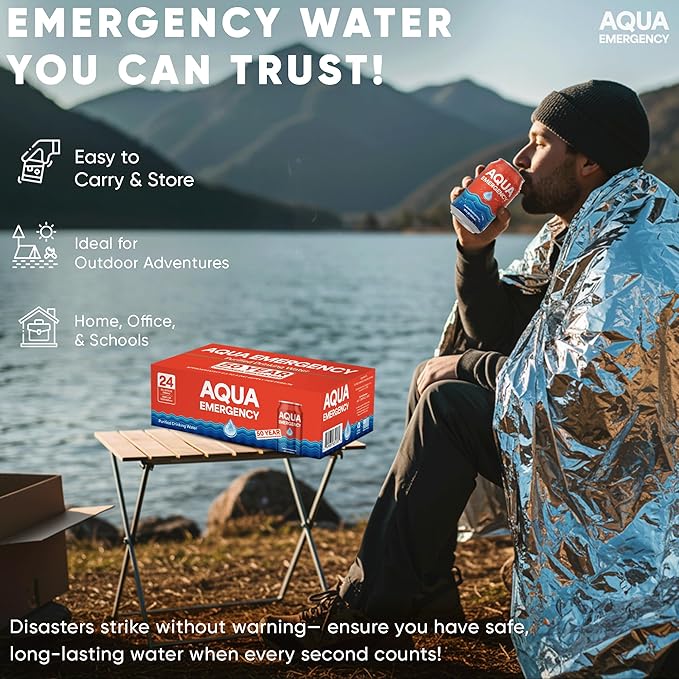 Aqua Emergency Drinking Canned Water- (2400 Cans) 12 fl Oz (50 Years) Shelf Life for Everyday Hydration, Emergency, Survival Use-Purified via Reverse Osmosis | Plant-Based, BPA Free, Eco-Friendly Packaging, Made in USA -100 Case