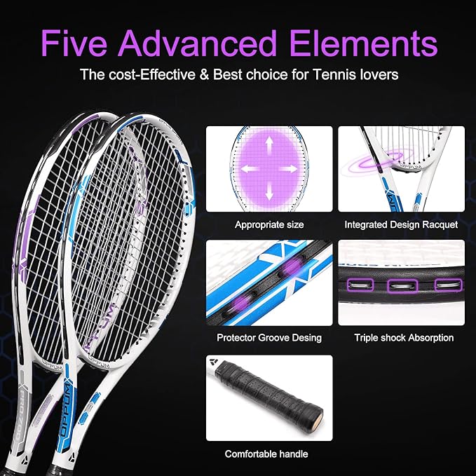 PRO-500 Adult Tennis Rackets, 2-Pack Pre-Strung Racquets for Beginners & Intermediate with Carry Bag & 2 Balls, 105 Sq Inch Oversized Head for Women & Men, Arm Friendly Vibration Control