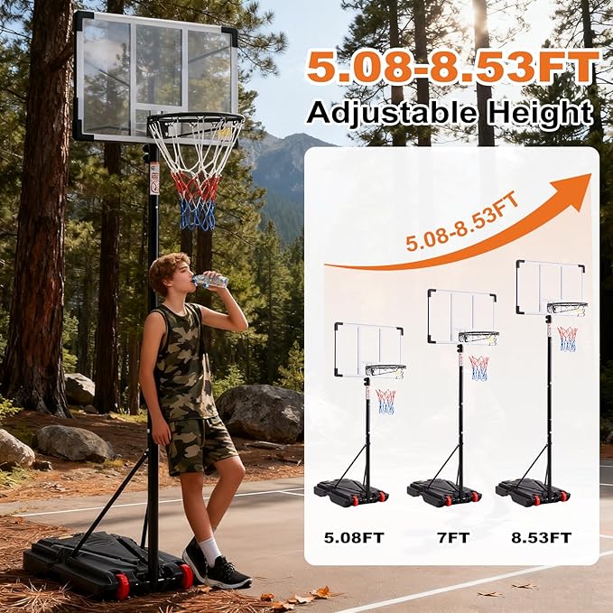 Portable Basketball Hoop Outdoor, Adjustable Basketball Hoops Goal System Shatterproof Backboard, Shock Absorbent Rim, Fillable Base for Swimming Pool/Backyard/Driveway
