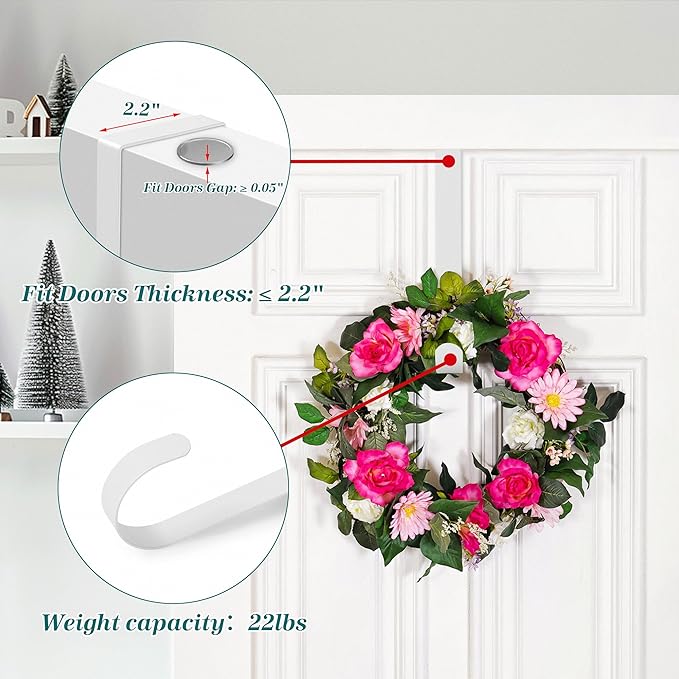 HOOSUN Wreath Hangers for Front Door St Patricks Day Decorations,14 Inch Metal Wreath Hook Holder for Spring Decor,20 Lbs White Over The Door Wreath Hanger for Spring Wreath Front Porch Easter Decor