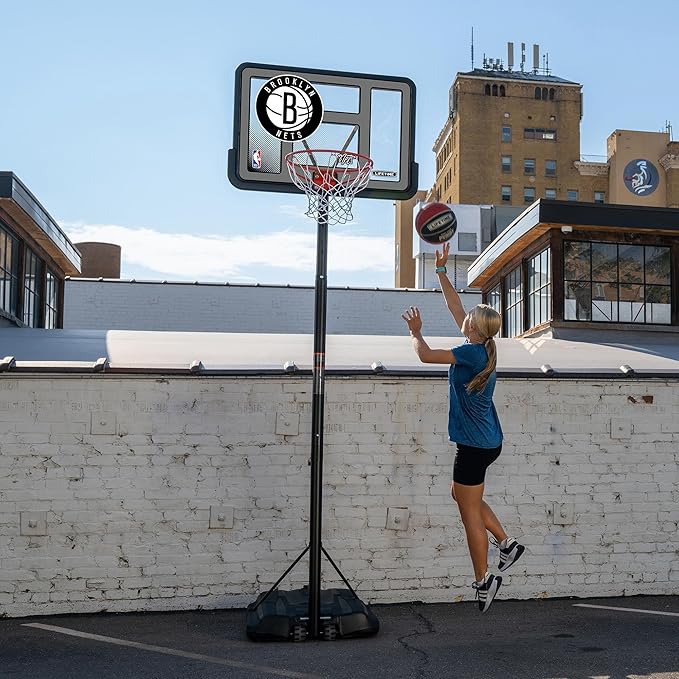 Lifetime NBA Brooklyn Nets Portable Basketball Hoop, Adjustable Height 7.5-10 Ft, 44 Inch Shatterproof Fusion Backboard, Base with Wheels