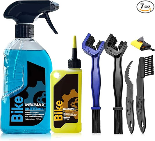 7 in 1 Bike Chain Cleaning Kit, Bike Chain Cleaner includes 350ml Degreaser Spray, 100ml Chain Lube, 4 Brushes & Towel, Bicycle Chain Cleaner for MTB/Road Bicycle