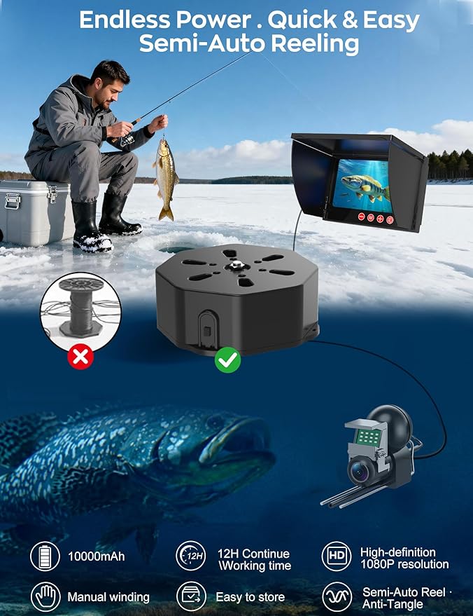 Underwater Fishing Camera,1080P Portable Fish Finder with 5" Waterproof IPS Screen,220° Ultra-Wide Ice Fishing Camera with 12 IR LED Night Vision,10000mAh Battery&100FT Cable for Boat, Lake & Kayak