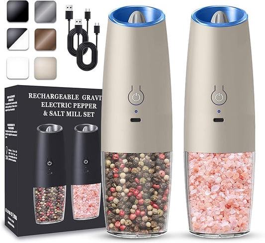 Rechargeable Electric Salt and Pepper Grinder set of 2, gravity electric salt and pepper grinder set, Adjustable Roughness, LED Light, 2 Pack, (Khaki)