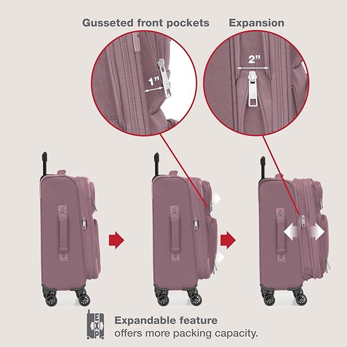 U.S. Traveler Rio Lightweight Softside Rolling Carry-on Suitcase, 4-Wheel Set, Mauve