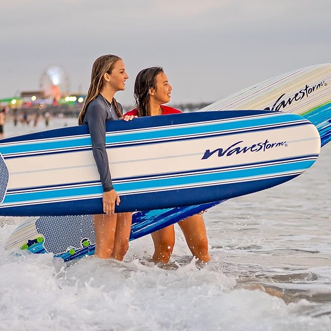 Wavestorm - Classic Soft Top Foam 7ft Surfboard Surfboard for Beginners and All Surfing Levels Complete Set Includes Leash and Multiple Fins Heat Laminated, Blue Pinline (AZ22-WSSF700-PIN)