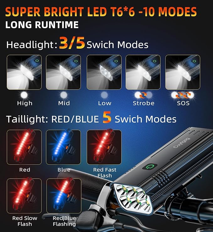 2026 Upgrade 6800Lumen Bike Light for Night Riding,Super Bright 6 LED Headlight,Aluminum 10 Mode Rechargeable Bicycle Light Front and Rear,360°Rotatable Brackt,Waterproof,Runtime 72 hr,Road Shockproof