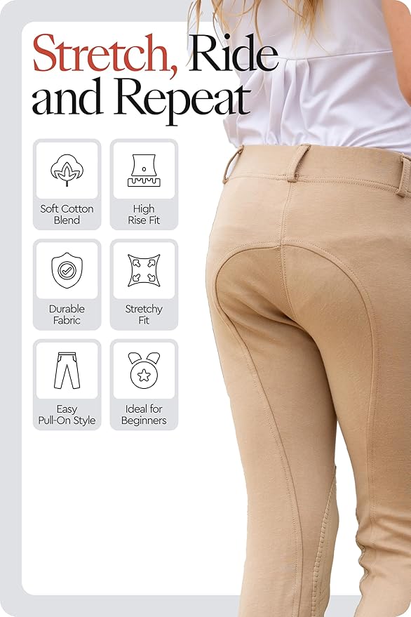 HORZE Nora Girls Riding Pants with Leather Knee Patch | Kids Equestrian Girls Jodhpurs Breeches | Size Chart in Images