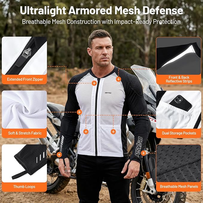 Men's Armored Motorcycle Shirt with CE Certified Protective Mesh Motorcycle Jacket Men with Reflective Strips, All Season Motorcycle Riding Shirt for Motorcycle Bicycle Scooter Riding Gear White