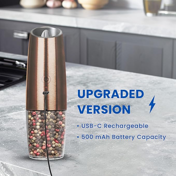 Rechargeable Electric Salt and Pepper Grinder set of 2, gravity electric salt and pepper grinder set, Adjustable Roughness, LED Light, 2 Pack, (Copper)