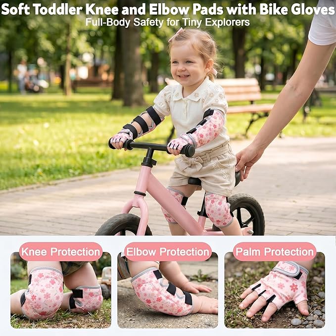 Soft Toddler Knee Pads and Elbow Pads Set with Bike Gloves, Non-Slip Toddler Knee Pads for Boys Girls 2-4 Years, Breathable Kids Protective Gear for Balance Bike, Scooter, Bicycle