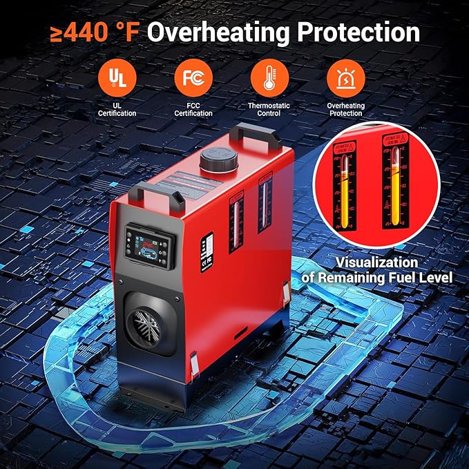 8KW Diesel Heater, 12V Portable Diesel Heaters All in One with Remote Control and LCD Screen，Diesel Air Heater with 1.3Gal Fuel Tank, Suit Work at Altitude 9842ft