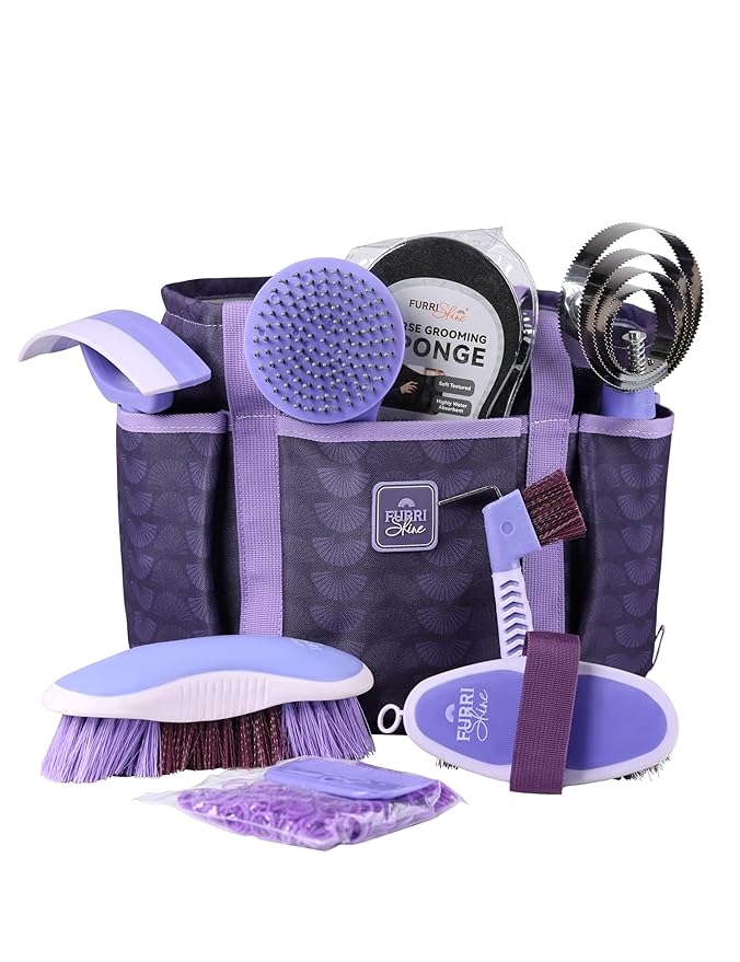 Horse Grooming Kit, 9 Piece Grooming Brush Set with Silicone Curry Comb for Bathing & Shedding Sugar Taro