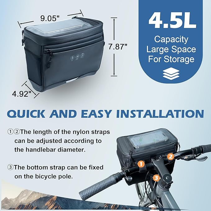 Bike Handlebar Bag with Rain Cover, Bicycle Front Phone Bag with Touch Screen, Adjustable Shoulder Waterproof Dual Zippers Insulated Basket Bag for Mountain Road Bike, Cycling Accessories