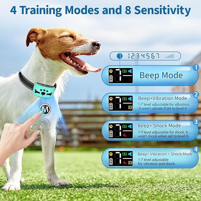 Anti-Bark Collar for Medium Large Dogs, Anti Barking Dog Collars Device with 8 Sensitivities, 4 Adjustable Modes Beep & Vibration, IP67 Waterproof Training Collar for Dogs 15-120lbs Outdoor Home, Blue