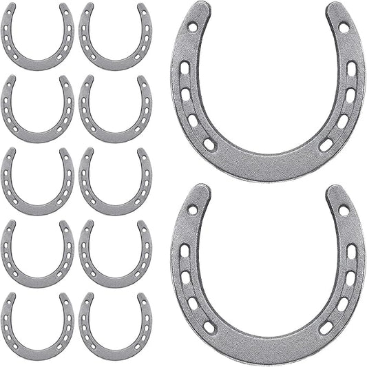 HANLANXUE 12Pcs Cast Iron Horse Shoes for Decorations, Durable Good Lucky Horseshoe for Wall Décor, Indoor, Outdoor, Cowboy, Western, Wedding, Crafts, Birthday Party Favors Supplies, 4.5" x 4.3"