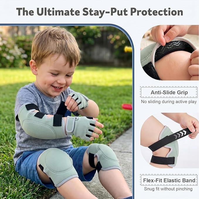 Soft Toddler Knee Pads and Elbow Pads Set with Bike Gloves, Non-Slip Toddler Knee Pads for Boys Girls 2-4 Years, Breathable Kids Protective Gear for Balance Bike, Scooter, Bicycle