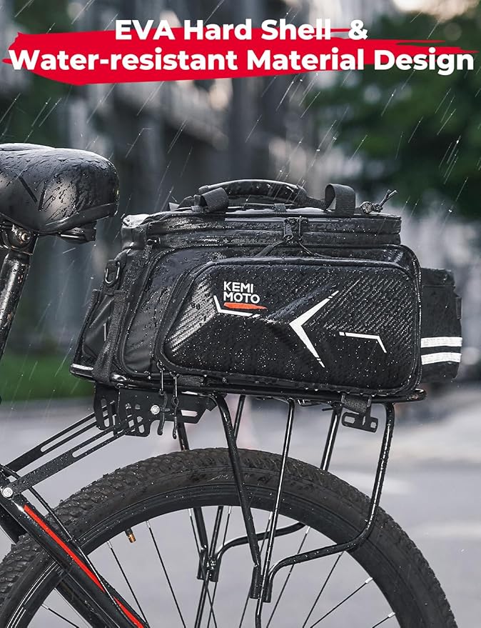 KEMIMOTO Hard Shell Bike Bag Rear Rack 20L Capacity, Carbon Leather Bicycle Trunk Bag with Waterproof Rain Cover for Grocery Shopping Commuter Cycling Trip (Upgraded Design)