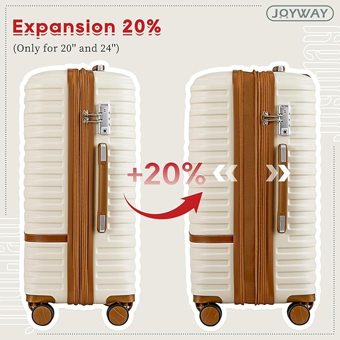 Joyway Expandable 24 Inch Luggage with Spinner Wheels, Lightweight Hard Shell Medium Checked Suitcase, 3 Piece Luggage Sets with TSA Lock, White