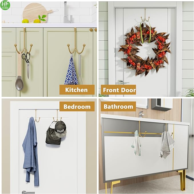 HFHOME 4 Packs Over The Door Double Hanger Hooks, Metal Twin Hooks Organizer for Hanging Coats, Hats, Robes, Towels- Gold