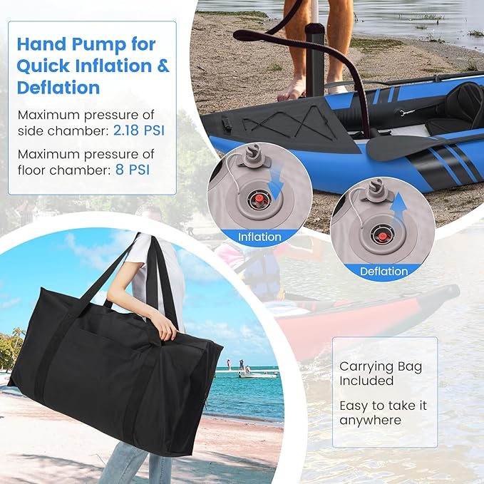 GYMAX Inflatable Kayak, 12.5Ft 507lbs Tandem Kayak with 2 Aluminum Paddles, 2 Padded Seats, Footrests, 2 Fins, Hand Pump, Carry Bag & Repair Kit, 2 Person Fishing Touring Kayak for Adults