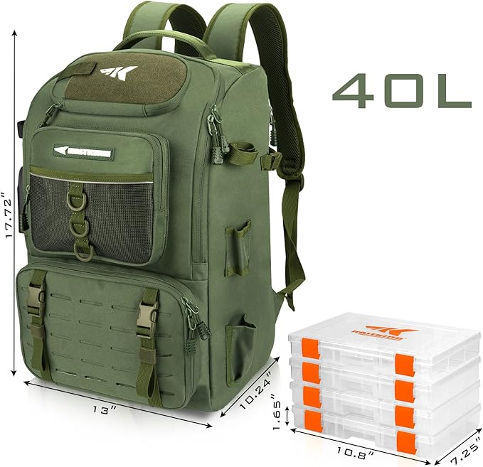 KastKing KarryAll 釣り用バックパック ロッドホルダー付き タックルボックス4個、40/26L タックルバッグ 釣り道具収納