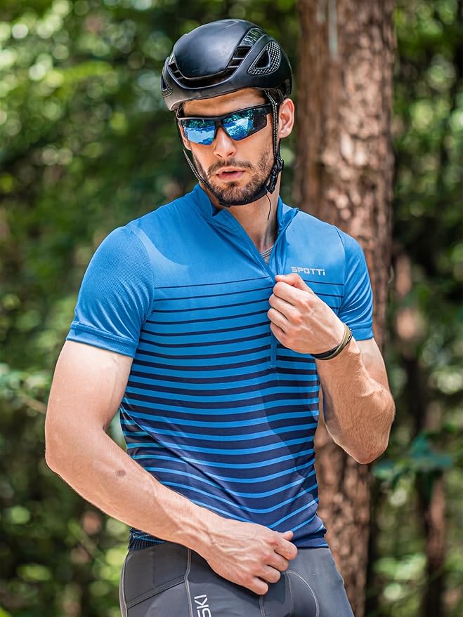 Spotti Men's Cycling Bike Jersey Short Sleeve with 3 Rear Pockets- Moisture Wicking, Breathable, Quick Dry Biking Shirt
