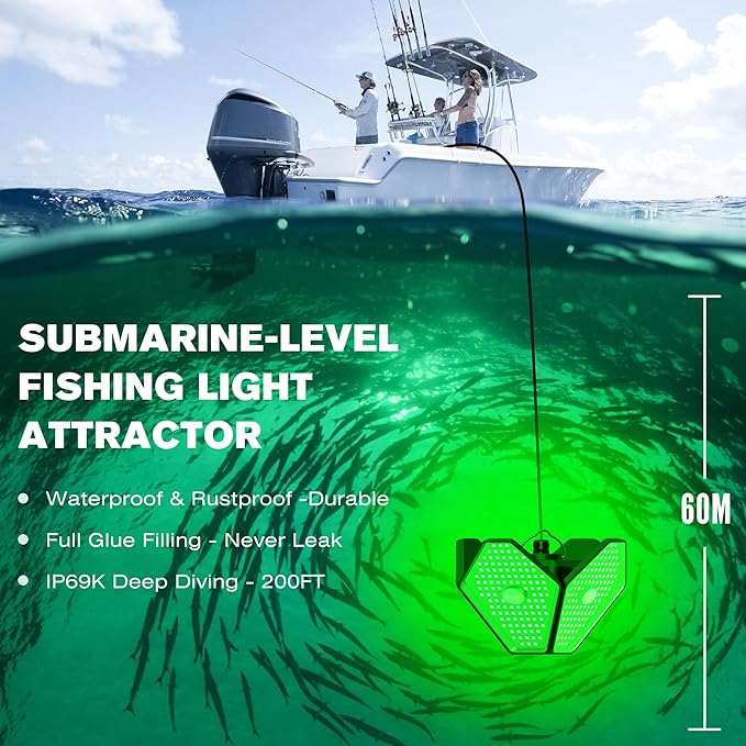 Goldlife 12V Foldable Underwater Fishing Light with 50FT Cable, 400W 40000LM Brightness Green LED Submersible Light Attractants for Docks/Boats/Kayaks, IP69K Rated for Fresh & Salt Water