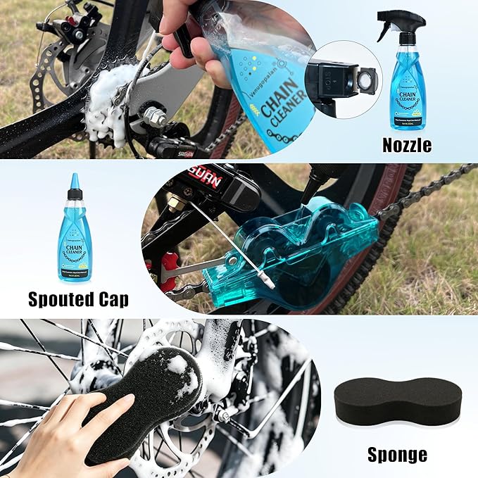 Bike Cleaning Kit Including Bicycle Chain Cleaner Degreaser, Chain Scrubber, Cycling Chain Lube, Cleaning Brush Tool, Gear Floss for Mountain Bike/MTB, Road Bike, Ebike and Trail Bikes