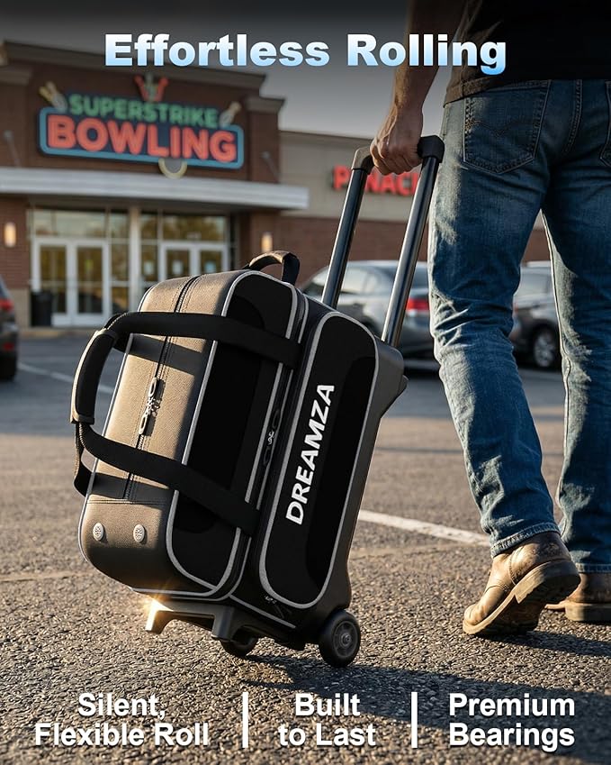 2 Ball Bowling Bag with Wheels, Double Bowling Ball Bag 2 Ball Roller w/Separate Compartment for Shoes Up to US Mens Size 16, w/Retractable Handle Extends to 40" & Accessories Pocket