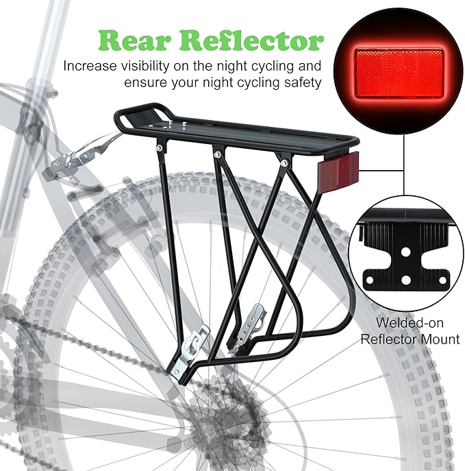 Bike Cargo Rack w/Bungee Cargo Net & Reflective Logo Universal Adjustable Bicycle Rear Luggage Touring Carrier Racks 55lbs Capacity Quick Release Mountain Road Bike Pannier Rack for 26"-29" Frames