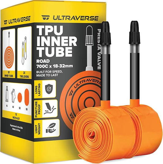 Ultraverse TPU Road Bike Inner Tube 700 x 18-32 with 45mm, 65mm, 85mm Presta Valves Ultra Lightweight Tubes for Road and Gravel Bicycles - 2 Pack with Repair Patch Kit