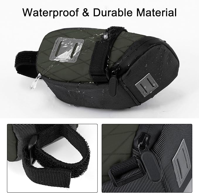 ENLEE Road Bike Saddle Bag, Waterproof Bike Seat Bag with Independent Small Item Partitions, Green Wedge Reflective Bicycle Storage Pouch Under Seat for Mountain/Road/Gravel Bikes, Small Size