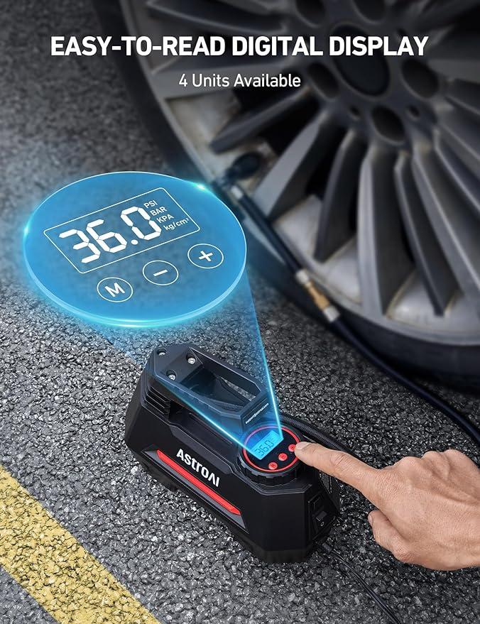 AstroAI AIRUN H Tire Inflator Portable Air Compressor Air Pump for Car Tires - Car Accessories, 9.8Ft Cord-12V DC-Powered Auto Pump with Digital Pressure Gauge, LED Light for Bicycle, Balloons, Red