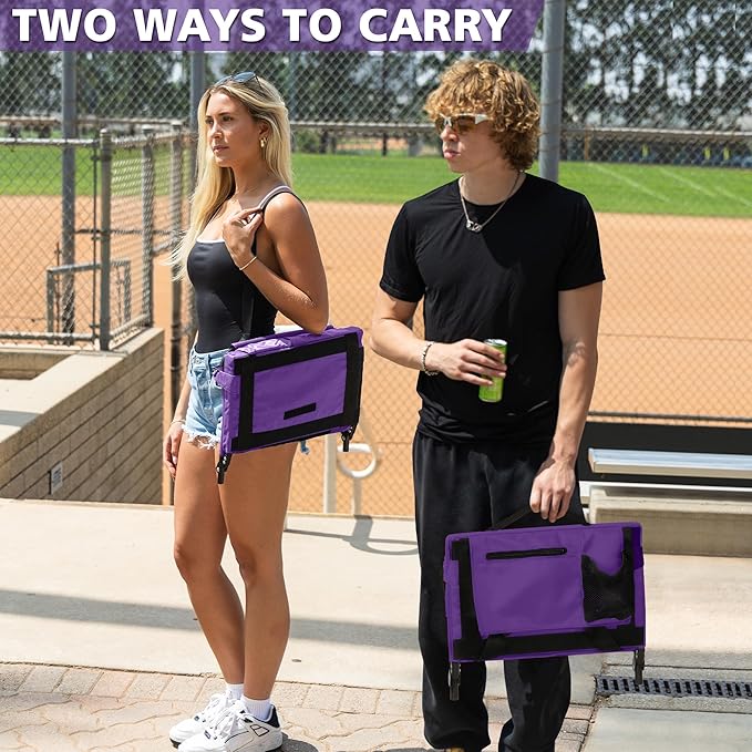 Stadium Seats for Bleachers 2 Pack w/Back Support Bleacher Seat Soft Cushion Light Weight Includes Shoulder Strap & Cup Holder, Front & Back Zipper Pocket, Suitable for Sports Events,Purple