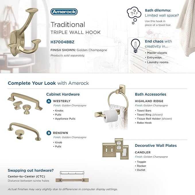 Amerock H37004BBZ | Vicinity Triple Prong Decorative Wall Hook | Golden Champagne Hook for Coats, Hats, Backpacks, Bags | Hooks for Bathroom, Bedroom, Closet, Entryway, Laundry Room, Office