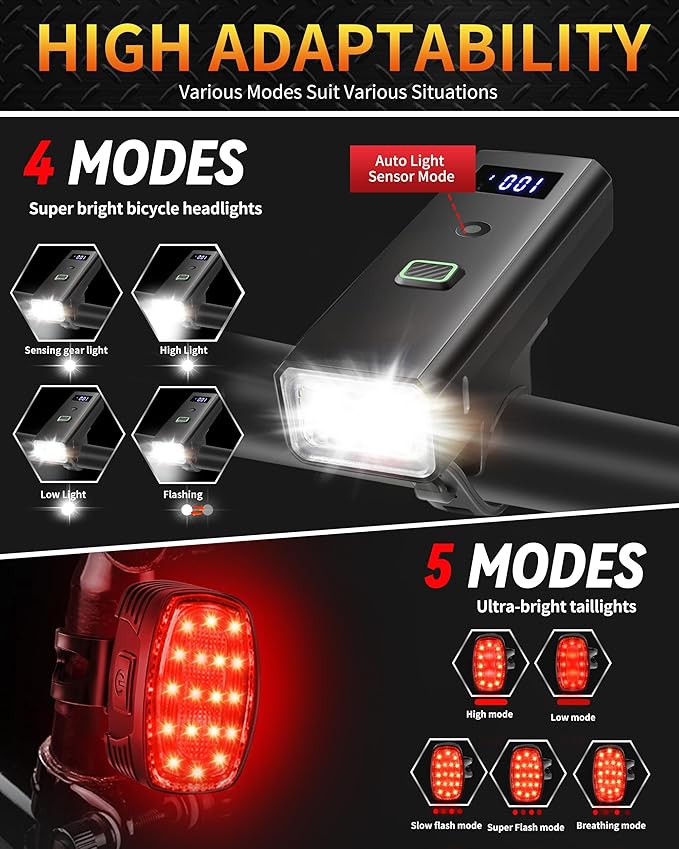 DARKBEAM Bike Lights for Night Riding, USB-C Rechargeable Bicycle Lights Set, Super Bright Bike Headlight and Back Tail Light 4+5 Modes, Easy to Install for Men Women Kids Road Mountain Cycling