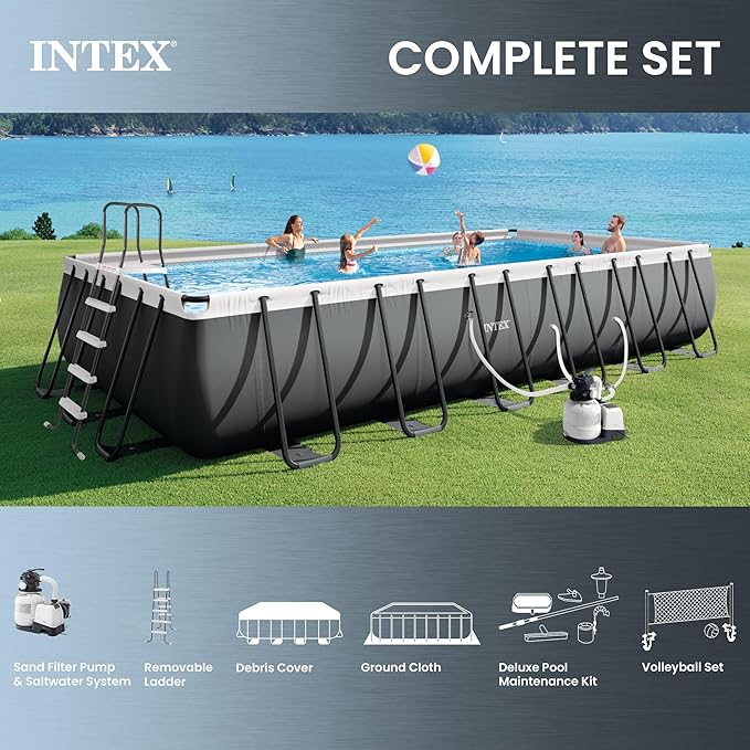 INTEX Ultra XTR 24 ft x 12 ft 52 in Above Ground Pool Set, Rectangular Swimming Pool with Sand Pump, Saltwater System, Maintenance Kit, & Volleyball Game