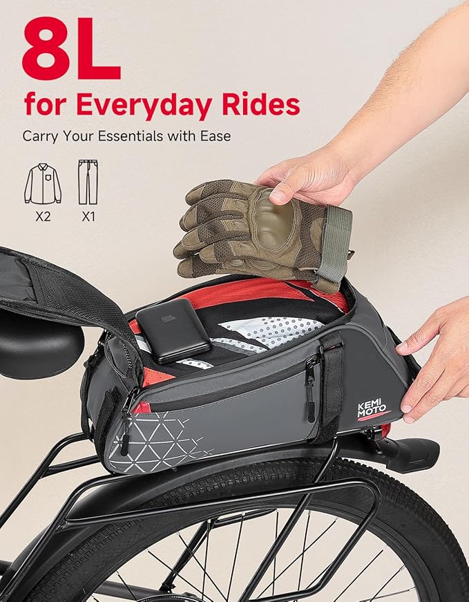 KEMIMOTO Rear Bike Rack Bag - 8L PVC Water Resistant Ebike Bags for Bicycle Rear Rack, Bicycle Trunk Pannier for Commuter Travel Shopping and Cycling (Grey)