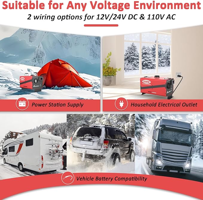 8500W Diesel Heater, All-in-One 12V/24V/110V Portable Parking Heater with Remote Control & LCD Monitor for Truck, RV, Camper, Boat, Garage, Fast Heating, Low Noise