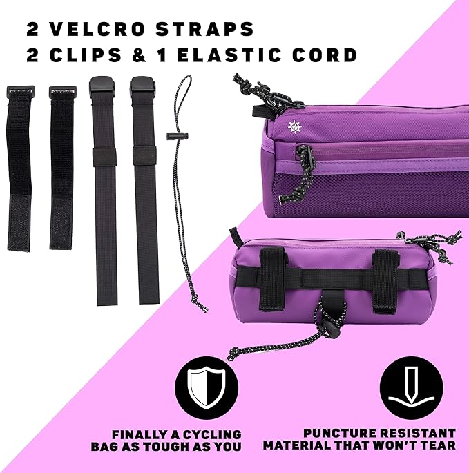 Lumiere & Co. Bike Handlebar Bag - Durable, Multiple Size and Color Options - Dual Elastic Straps, Clips & Hook-and-Loop for Customizable Fit (Purple, Small)