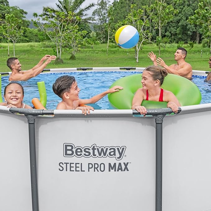 Bestway Steel Pro MAX 13フィート x 48インチ 地上プール、ラウンドメタルフレーム屋外スイミングプールセット、フィルターポンプ、はしご、カバー付き、グレー