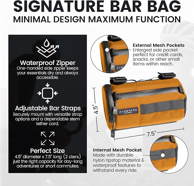 ALMSTHRE Signature Bar Bag – California Gold | Hard-Shell Bike Handlebar Bag with Waterproof Zippers & Adjustable Straps | Lightweight Bicycle Handlebar Bag, Compatible with Road, Gravel & MTB Bikes