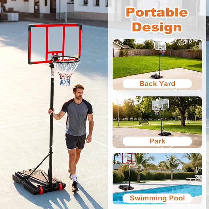 Portable Basketball Hoop Outdoor, Adjustable Basketball Hoops Goal System Shatterproof Backboard, Shock Absorbent Rim, Fillable Base for Swimming Pool/Backyard/Driveway