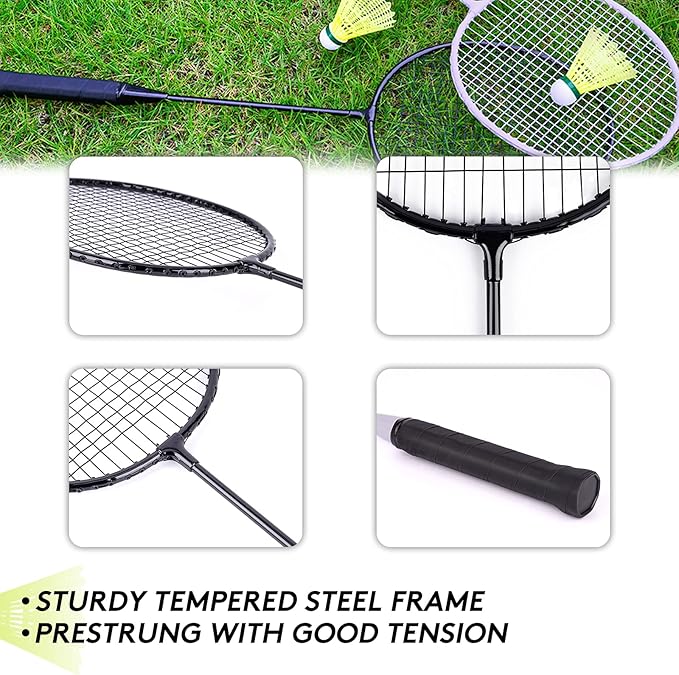 Badminton Rackets Set of 4 for Outdoor Backyard Games, Including 4 Rackets, 6 Nylon Badminton Shuttlecocks, Lightweight Badminton Racquets for Beginners