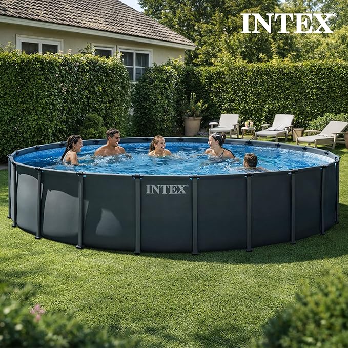 INTEX ウルトラXTR 22フィート x 48インチ 地上プールセット、スチールフレーム円形プール、2100 GPH砂フィルターポンプ、はしご、カバー、グラウンドクロス付き