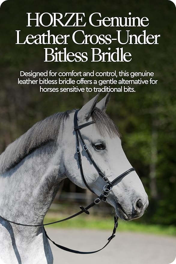 HORZE Genuine Leather Cross-Under Bitless Bridle | Includes Web Reins with Hand Stops