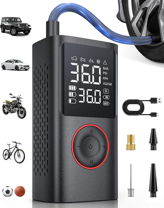 Powools Tire Inflator Portable Air Compressor, 150 PSI Cordless Bike Pump, Air Pump for Auto, Motorcycle, Bicycle, Balls with Pressure Gauge, LED Light & Car Accessories, Black, Large Capacity