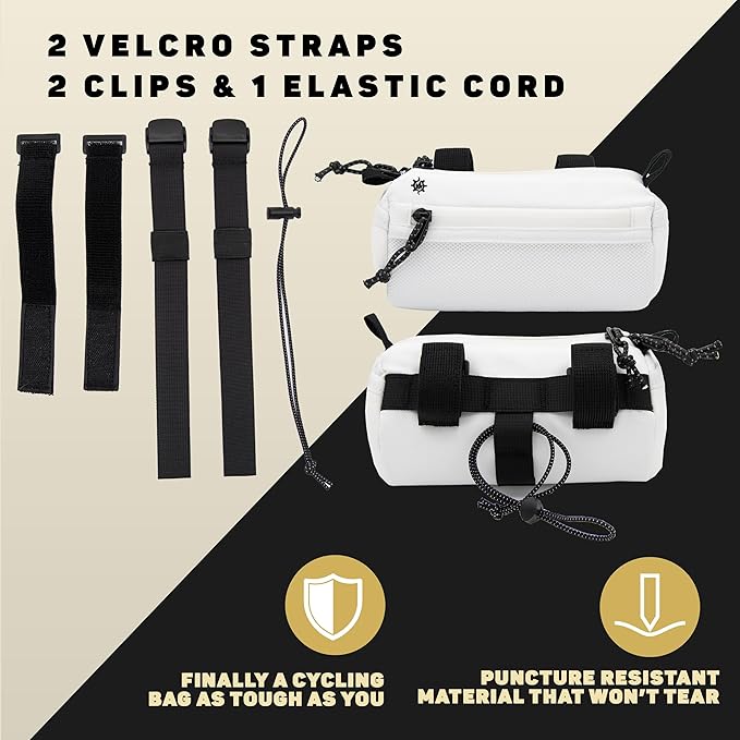 Lumiere & Co. Bike Handlebar Bag - Durable, Multiple Size and Color Options - Dual Elastic Straps, Clips & Hook-and-Loop for Customizable Fit (White, small)